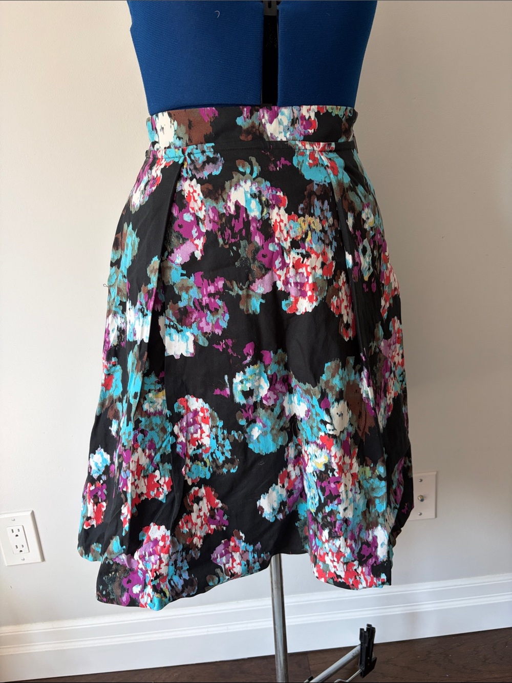 Mario Serrani Black Midi Skirt with Turquoise, Purple & Red Floral Print
